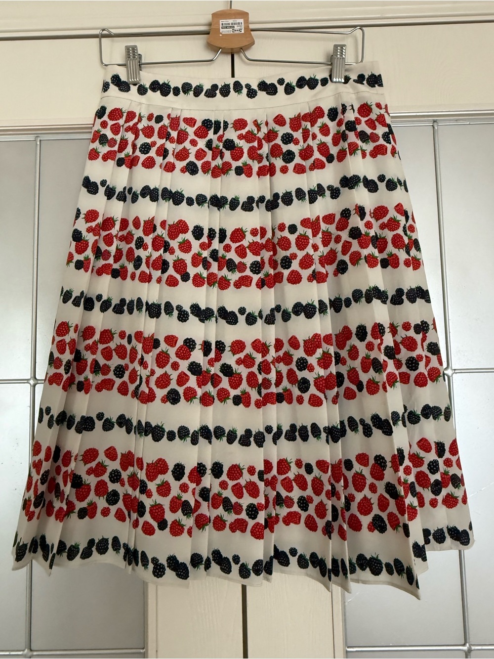 J. Crew White Pleated Skirt with Red & Black Berry Print